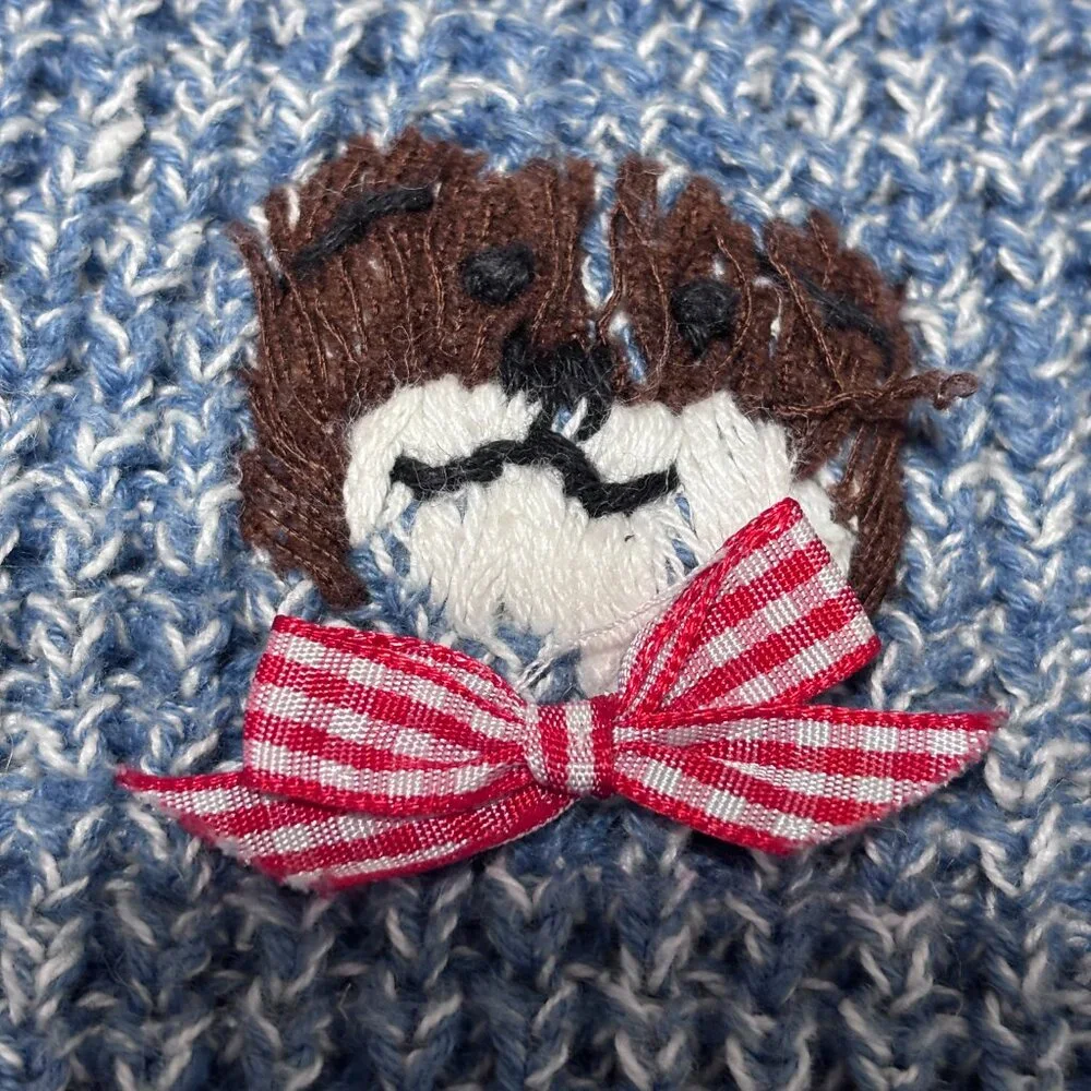 Vintage Capacity Teddy Bear‎ Sweater Vest Large Blue Knit Red Gingham Bow Ramie